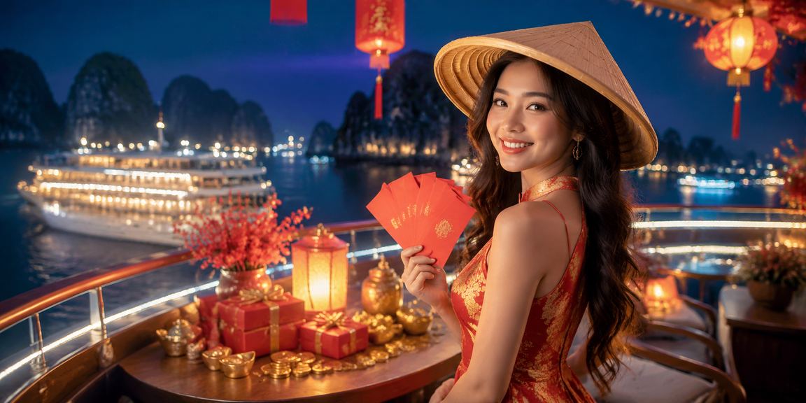 Không khí lễ hội Hạ Long Bay với phong bì đỏ may mắn – biểu tượng khuyến mãi và chăm sóc khách hàng